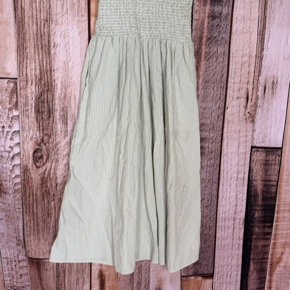 Madewell Smocked Bodice Green Striped Cotton Midi Dress Women's M - Picture 4 of 10